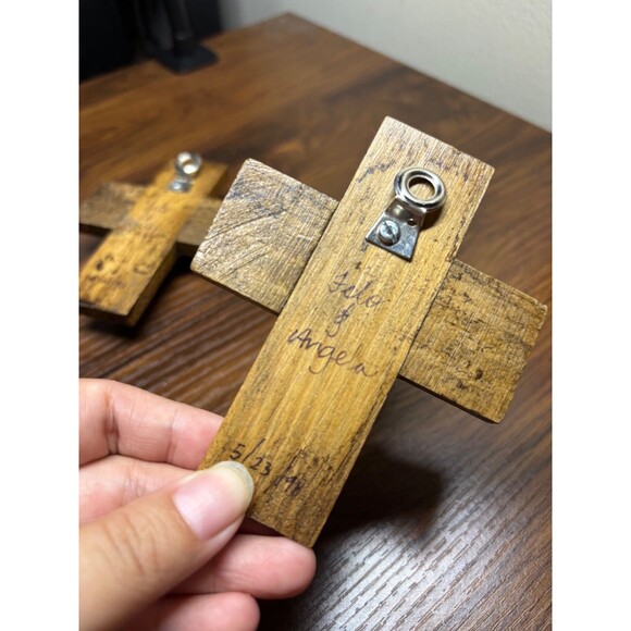 2 90S SMALL Mexican BLUE Talavera Pottery Cross Inlaid WOOD Wall Hanging 4" X 3" - Picture 4 of 7